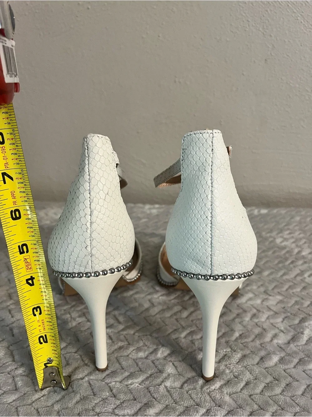 BCBGeneration White Textured Open-Toe Ankle-Strap Heels with Studded Trim